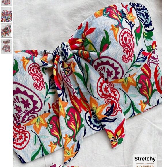 2 Pc Beach Set, Colorful Paisley Print Tie-Front Top And Elastic Waist Shorts - Picture 3 of 10